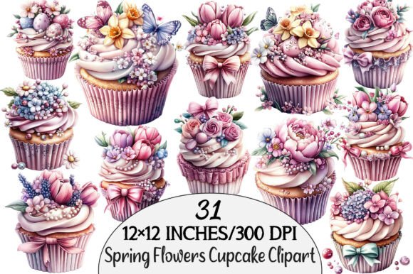 Download Watercolor Spring Flowers Cupcake Clipar - Water Collection