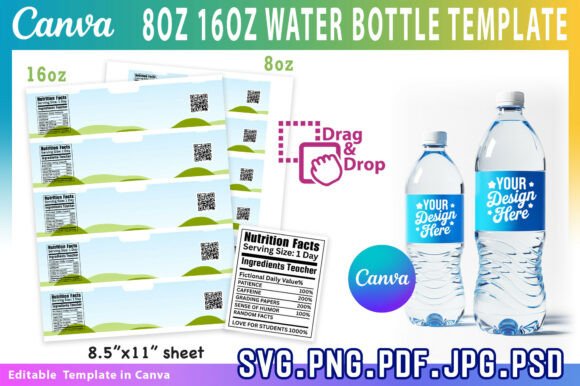 Download 8oz,16oz Water Bottle Label Template - Water Collection