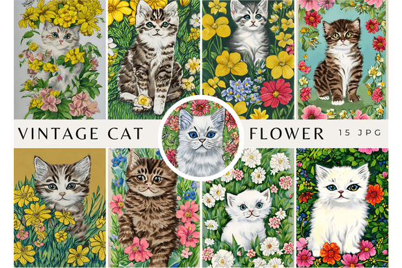 Download Vintage Watercolor Cat with Flowers Rose - Water Collection