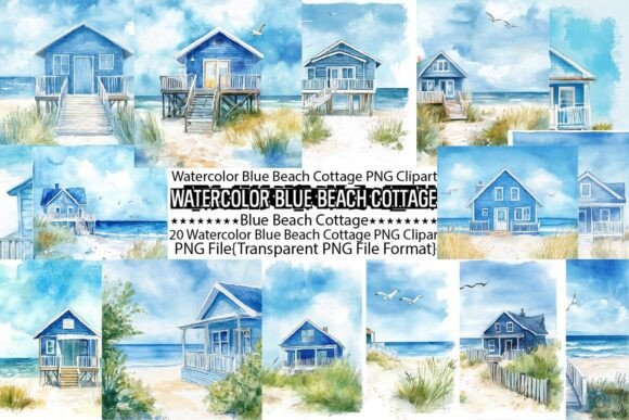 Download Watercolor Blue Beach Cottage Background - Water Collection