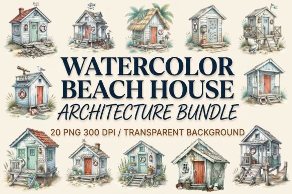 Download Watercolor Beach House Clipart Bundle - Water Collection
