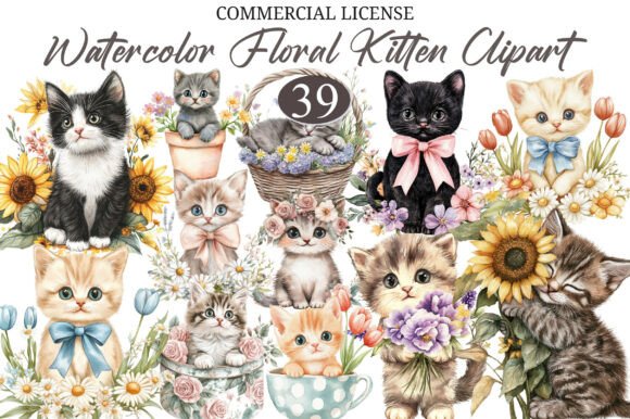 Download Watercolor Floral Kitten Clipart - Water Collection