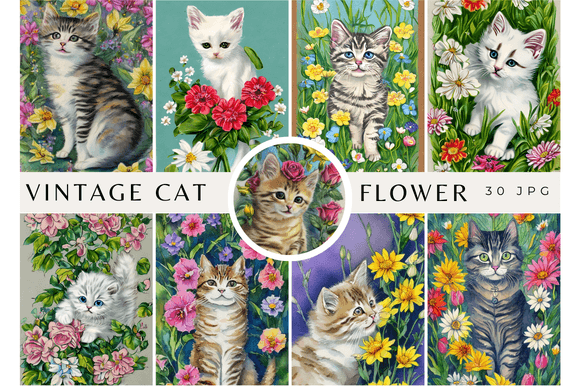 Download Vintage Watercolor Cat with Flowers Rose - Water Collection