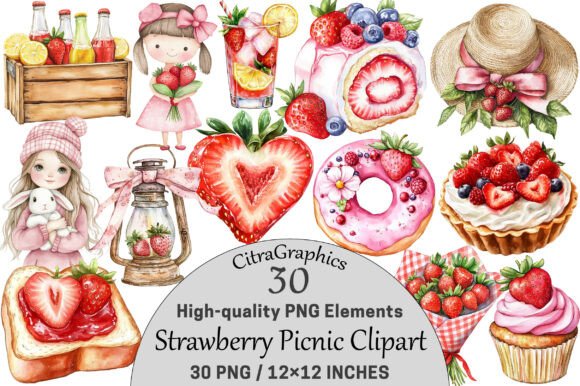 Download Watercolor Strawberry Picnic Clipart. - Water Collection