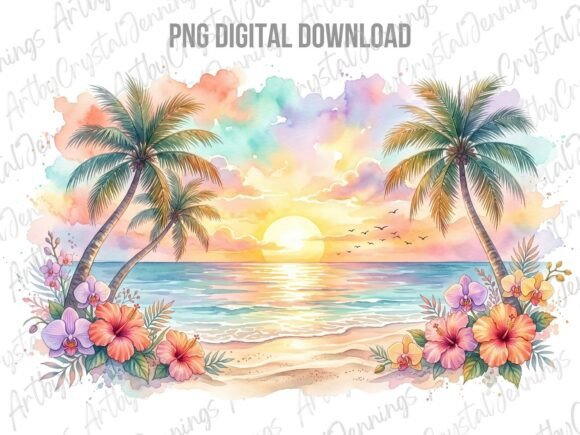 Download Watercolor Tropical Beach Sunset PNG - Water Collection
