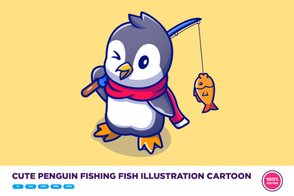 Download Cute Penguin Fishing Fish Illustration - Fishing Collection